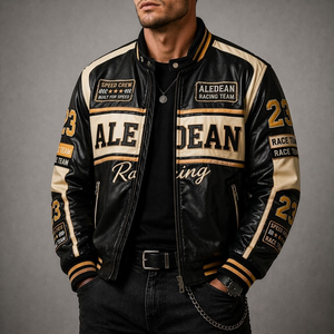 Giacca Bomber in Pelle con Logo Personalizzato, Cappotto Varsity con Patch Ricamate, Antivento e Impermeabile, per Uomo - Product Image 3