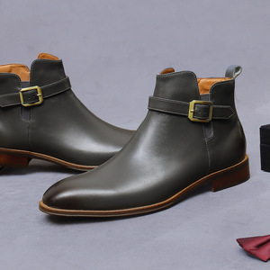 New leather men's <b>boots</b> with light-colored leather belt buckle, business formal wear, zipper, genuine leather short <b>boots</b>, men's - Product Image 3