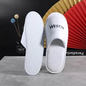 OEM Chinese Factory 1 Stop Service White Hotel SPA Use Disposable Slippers With Custom Embroidered Logo