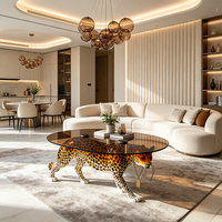 JINGYUE BJ240 Sculpture de léopard grandeur nature personnalisée en usine, table basse en résine avec plateau en verre trempé, art animalier écologique