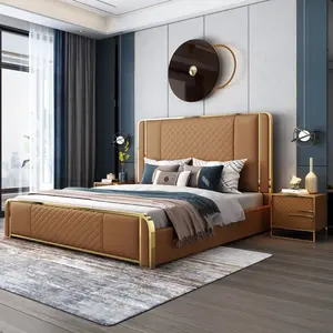 Modern European Luxury Double Soft Bed with High Back Headboard Solid Wood Stainless Steel Frame Leather