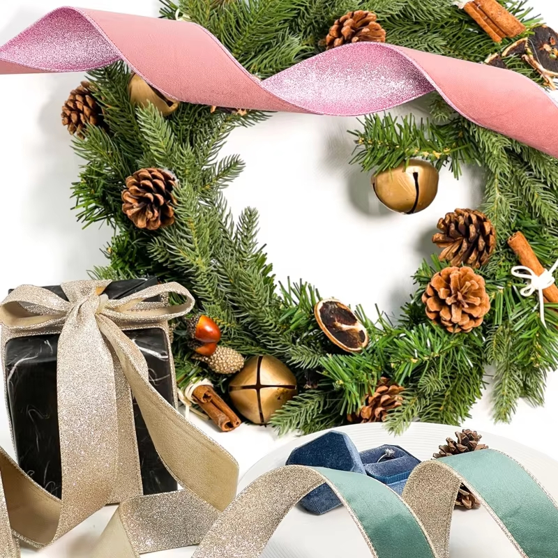 Christmas Tree Wedding Wreath DIY Gift Wrapping Decoration Ribbon Custom Size Glitter Wired Edge Polyester Eco-Friendly Custom