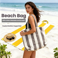 100% Cotton Gray and White Stripes Towel and Bag Combo Beach Towel Portable Large Capacity Customizable Stripe Beach Towel