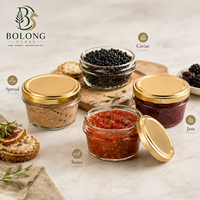 Pot en verre à profil bas avec couvercle doré, personnalisable avec logo, vente en gros, écologique, recyclable, résistant à l'humidité, 50ml, 75ml, 100ml, esthétique, pour cuisine