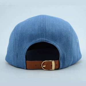 Parche de cuero personalizado 5 paneles 5 cinco paneles Denim Camp Camping <span class=keywords><strong>Camper</strong></span> Hat Cap con correa de cuero espalda Logotipo de cuero - Product Image 6