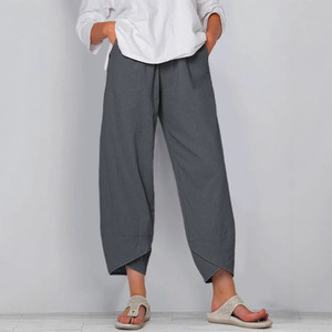 Pantalon droit ample pour femme, longueur cheville, décontracté, en coton et lin, taille élastique, coupe courte - Product Image 3