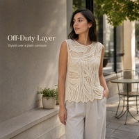 Gilet en crochet personnalisé pour femme OEM ODM, pull sans manches en maille ajourée à ourlet festonné, col rond, décontracté, pour le bureau