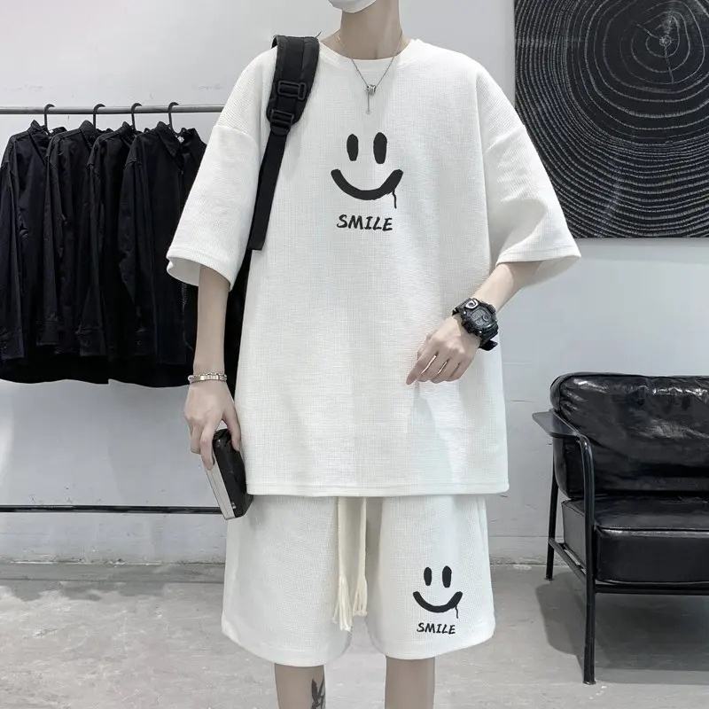 Korean Fashion Streetwear Hip Hop Rock Casual Short Suit Smile Face  T-shirts Shorts Piece Set Summer Tracksuit Clothes for Men