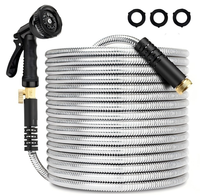 Tuyau d'arrosage en acier inoxydable 25 pieds, diamètre 16 mm, raccord 3/4 pouce, buse de pulvérisation 10 modes pour jardin et extérieur, ne s'emmêle pas, ne se plie pas