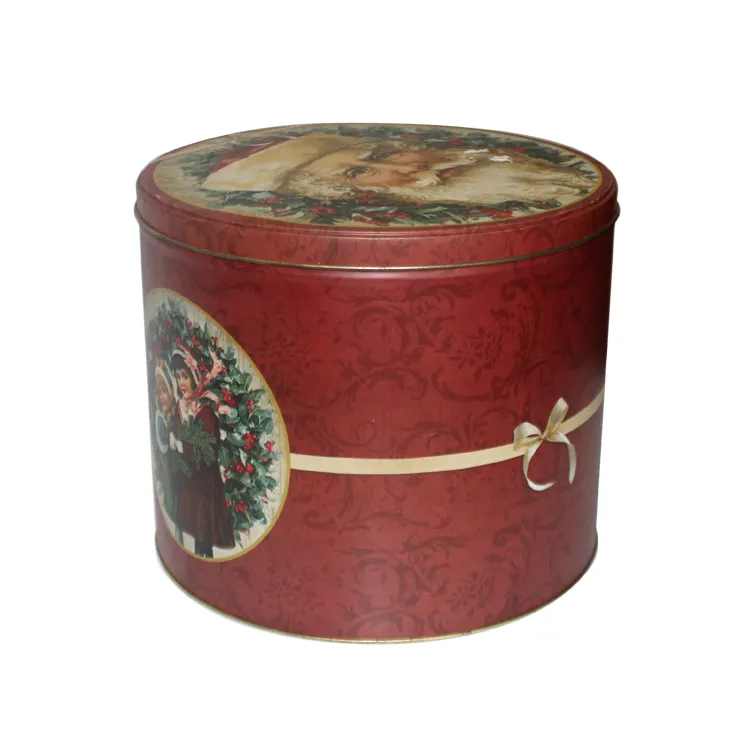 Big round metal christmas gift storage tin box custom food tin can