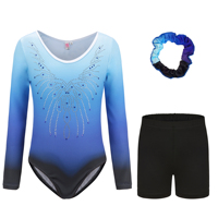 Ensemble de justaucorps de gymnastique pour filles B69, manches longues, dégradé rose, strass, short noir, chouchou pour cheveux, tenue de danse et d'entraînement pour enfants