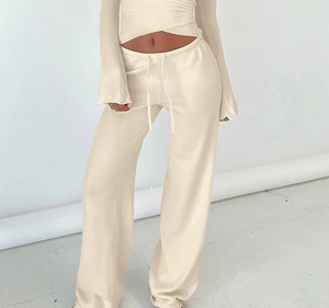 Custom Logo Ladies Sweet Soft Two Piece Tracksuit Deep V Neck Short <b>Top</b> Matching Skinny Fit Drawstring Long Trousers Street Wear - Product Image 1