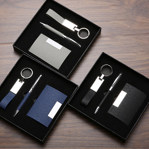 Customized logo Leather PU Business Card Holder Keychain Metal Pen Custom Printing Festival Business Office Promotional Gift Set
