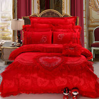 Parure de lit de mariage rouge en soie, taille King, avec couette et drap, pour berceau, vente en gros