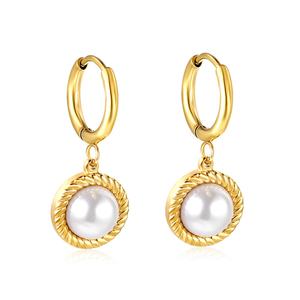 Nuevo Diseño, Pendientes de Aro Modernos para Mujer, Perlas Blancas Redondas, Clásicos, Chapados en Oro de 18K, Acero Inoxidable - Product Image 1