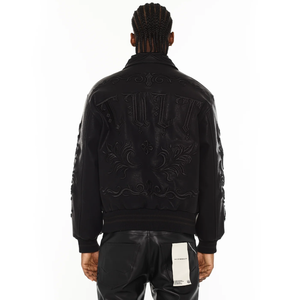 Chaqueta Universitaria de Cuero PU para Hombre al por Mayor OEM, Bordado Floral Personalizado en la Parte Delantera, Relleno de Patchwork, Ropa de Calle de Invierno - Product Image 4