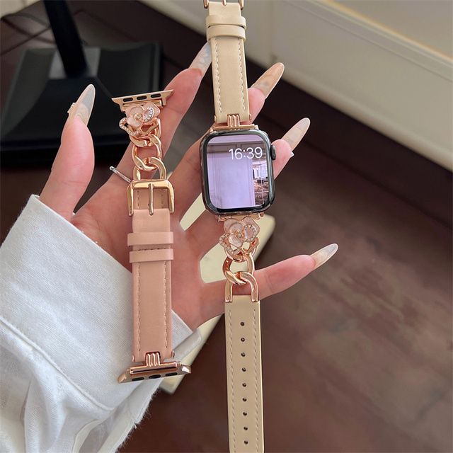 Real Leather Watch Bands Stainless Steel Shiny Straps for Women Ladies Bracelet for Apple Watch Ultra 49mm Smart Watch Wristband