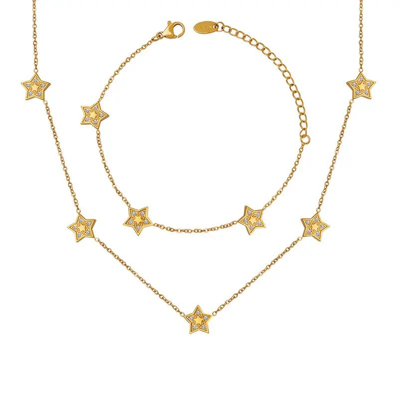 Conjunto de joyería de moda para mujer, collar y pulsera de mujer con cadena de estrellas de circón chapado en oro de 18 quilates sin deslustre