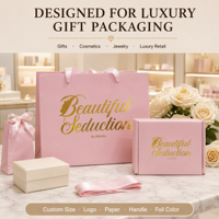 Emballage cadeau rose de luxe écologique avec logo doré, ruban personnalisé, poignée et couleur de film métallisé pour cosmétiques, bijoux, bougies et vente au détail