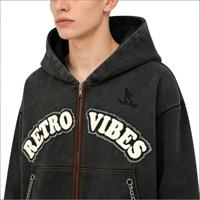 Hoodies Streetwear Direct Usine OEM/ODM Effet Délavé Vintage avec Logo Skate et Chaînes