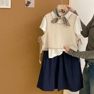 Ensemble de vêtements <span class=keywords><strong>pour</strong></span> filles, 3 pièces, coupe ample, mélange de coton, gilet en tricot, t-shirt, jupe, tenue <span class=keywords><strong>pour</strong></span> les activités quotidiennes - Product Image 2