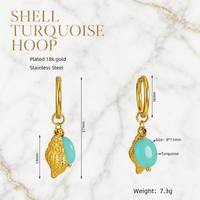 Boucles d'oreilles créoles haut de gamme en acier inoxydable plaqué or 18 carats avec breloque coquillage et perle turquoise, vente en gros, Bijoux Acier Pendientes
