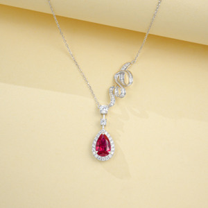 925 Sterling Silver Pear Cut Lab Grown <b>Ruby</b> Pendant <b>Necklace</b> Luxury Gemstone Fine Jewelry - Product Image 3