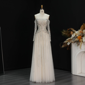 Sharon Said SS507 Abiti da Sera di Lusso Dubai per Donne, Senza Spalline, <span class=keywords><strong>Maniche</strong></span> <span class=keywords><strong>Lunghe</strong></span>, Decorati con Perline, Abiti Formali Sauditi per Feste, Beige - Product Image 1