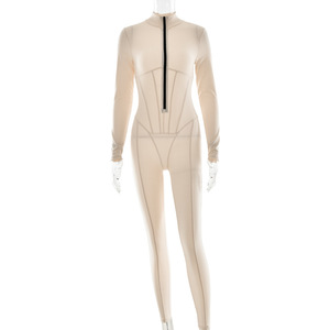 Women's Long Sleeve Zipper Bodysuit Solid Color Round Neck <b>Tight</b> Fit <b>Knitted</b> Polyester Jumpsuit Autumn Winter Wear - Product Image 2