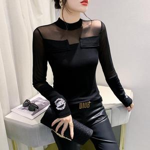 Herbst Neues Kragen-Langarmshirt mit Aushöhlungen und Netzstoffeinsätzen, Modisches Slim-Fit Damen-Unterhemd - Product Image 6