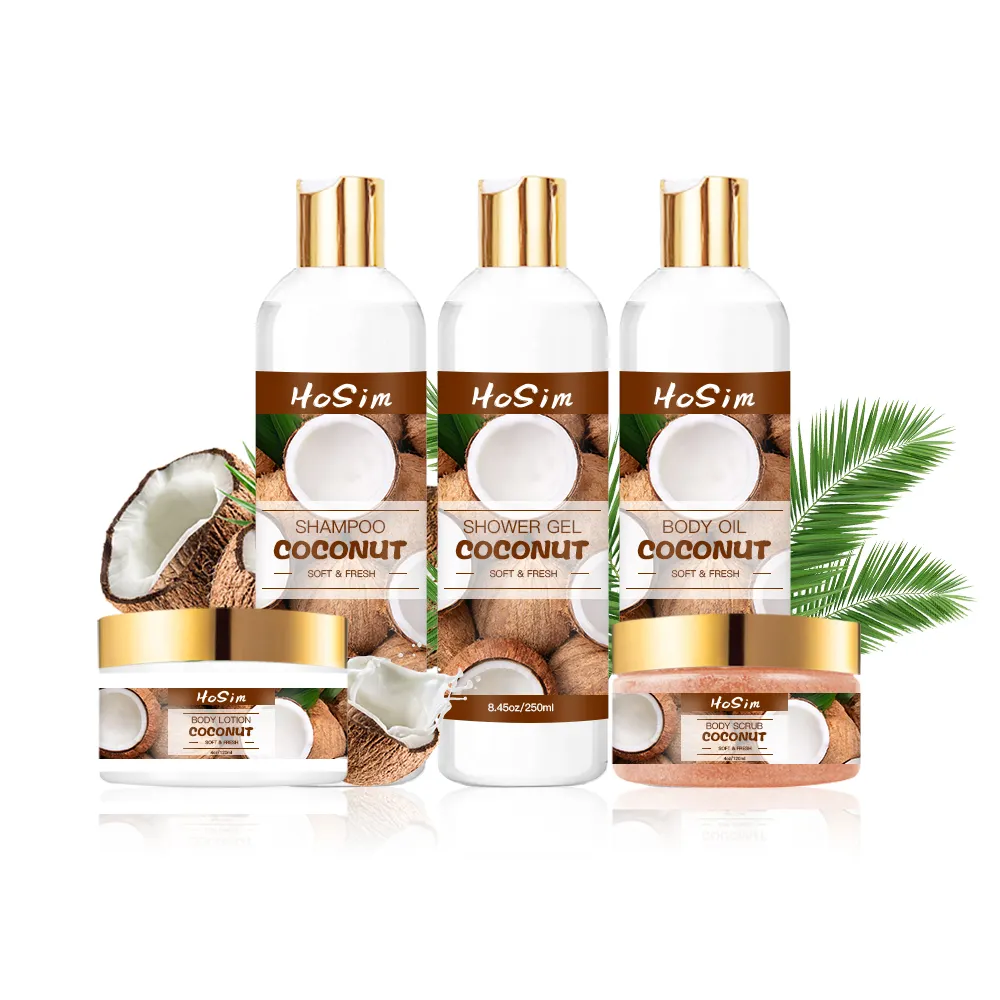 Set Pancuran kelapa 5 produk Set mandi kelapa kit hadiah Spa relaksasi minyak sampo Gel mandi Scrub Losion Tubuh