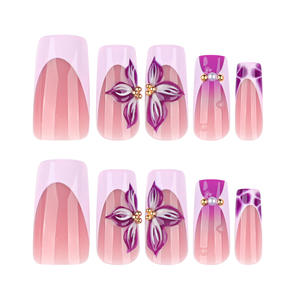<span class=keywords><strong>Ongles</strong></span> artificiels de luxe 3D à presser, carrés, à bout français, réutilisables, rose et violet, avec perles, lot de 24 pièces - Product Image 5
