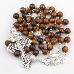 Bijoux religieux pour hommes, perles en pierre naturelle œil de tigre, chapelet catholique avec médaille de la Vierge Marie et croix de Jésus - Product Image 2