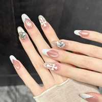 Ongles à presser en acrylique personnalisables en gros, style Y2K Gothique, motif croix 3D, forme amande, rose nude, œil de chat, French V, 10 pièces
