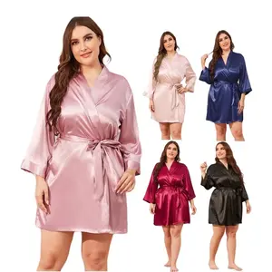 OEM Summer and Spring Women's Wedding Bathrobe Satin Silk Pajamas Plus Size Women's Nightwear Long Sleeve Kimonos Ladies