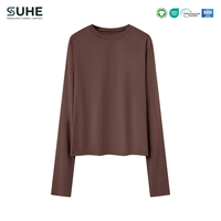 SUHE Baju Terusan Rajut Tanpa Jahitan Lengan Panjang Slim Fit Streetwear Wanita Kerah Bulat Lapisan Dasar Elastis Seperti Kulit Kedua Bordir