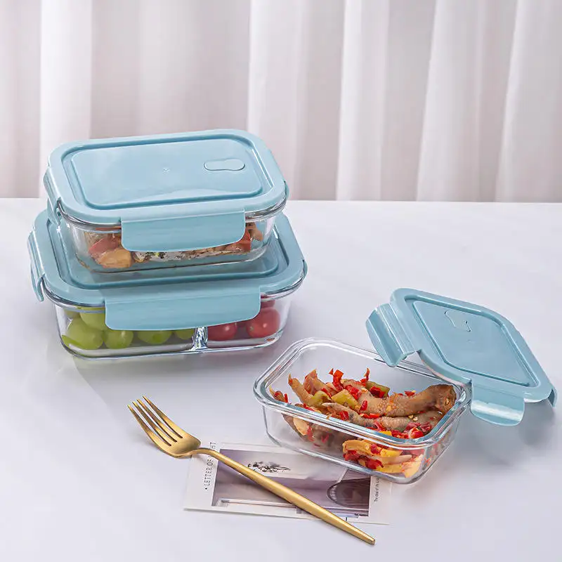 Glass Lunch Box With 3 Compartments Microwave Bento Box For Kids Food Container With Tableware Set Leakproof Food Box