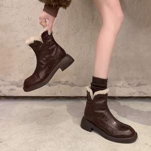 Nouvelles bottes à lacets latéraux en peau de mouton imperméables antidérapantes en couleur unie décontractées chaudes à la mode polyvalentes pour femmes - Product Image 6