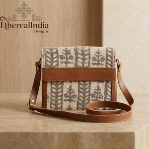 Handmade Beige Block Print Sling Bag Cotton <b>Rug</b> Crossbody with Rexine Strap <b>Boho</b> Purse - Product Image 3