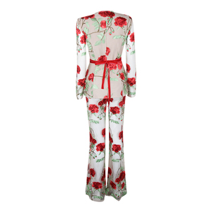 <span class=keywords><strong>Mujeres</strong></span> Sexy Floral Bordado Organza Desnudo Mono Manga Larga Bodycon Pierna Ancha Bodysuits - Product Image 2