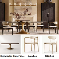 Table à manger contemporaine en bois massif foncé avec chaises en tissu rembourré, idéale pour les salles à manger de villas de luxe et d'hôtels