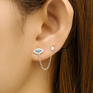 High Quality 14K Gold Plated Sterling Silver <b>Earrings</b> CZ <b>Turquoise</b> Eyes Double <b>Studs</b> Dangle Chain Climber <b>Earrings</b> - Product Image 2