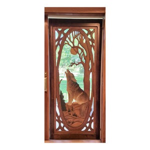 Thủy tinh và gỗ rắn kết hợp chạm khắc thiết kế cửa gỗ tùy chỉnh đôi chạm khắc vào cửa chính - Product Image 4