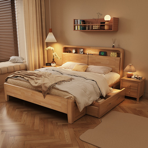Solid Wood <b>Bed</b> 1.8M <b>Double</b> Storage Oak <b>Bed</b> For Bedroom Home Use - Product Image 1
