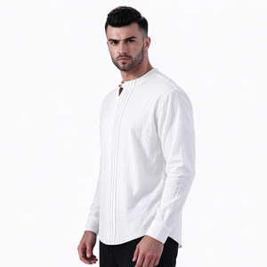 Customized <b>Men's</b> Linen Casual Long Sleeve Pleated Front T-<b>Shirt</b> Button <b>Henley</b> Collared Loose Pullover T-<b>shirt</b> - Product Image 5