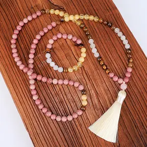 Fashion Natural Rhodochrosite Citrine Quartz Stone Crystal Gemstone 108 Mala Beads Necklace Handmade Yoga Jewelry With Tassel