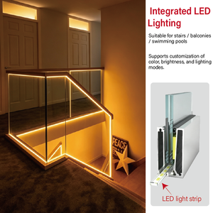 Accessoires de garde-corps de balcon <span class=keywords><strong>en</strong></span> verre à canal <span class=keywords><strong>en</strong></span> U avec éclairage LED, Système de garde-corps <span class=keywords><strong>en</strong></span> verre sans cadre noir moderne personnalisé pour escalier et terrasse - Product Image 4