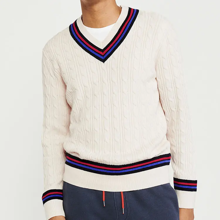 Beliebte benutzer definierte Wolle Strick Herren V-Ausschnitt Cable Knit Cricket Sweater