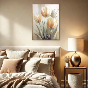 Dipinto su Tela <span class=keywords><strong>di</strong></span> <span class=keywords><strong>Tulipani</strong></span> in Morbido Beige Crema, Stile Vintage a Olio, Arte Floreale da Parete per Casa Minimalista - Product Image 2