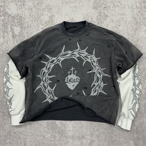 <span class=keywords><strong>T</strong></span>-<span class=keywords><strong>shirt</strong></span> Homme Ample Personnalisé à Sérigraphie, Coton Lavé 300 g/m², Style Streetwear Vintage Effet Délavé à l'Acide, Double Épaisseur, Manches Longues - Product Image 3